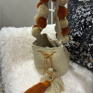 Handcrafted Beige and Orange Pom-Pom Shoulder Bag